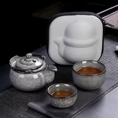 黒氷手掴み壺快客杯一壺二杯氷割れ陶磁器旅行茶器セット屋外持ち歩きティーポット