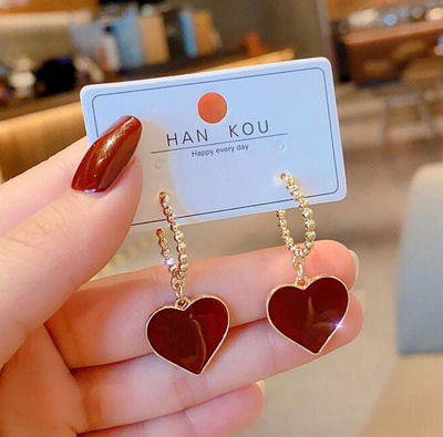2021新款潮銀針耳環925銀紅色複古愛心耳環女網紅氣質冷淡風耳墜