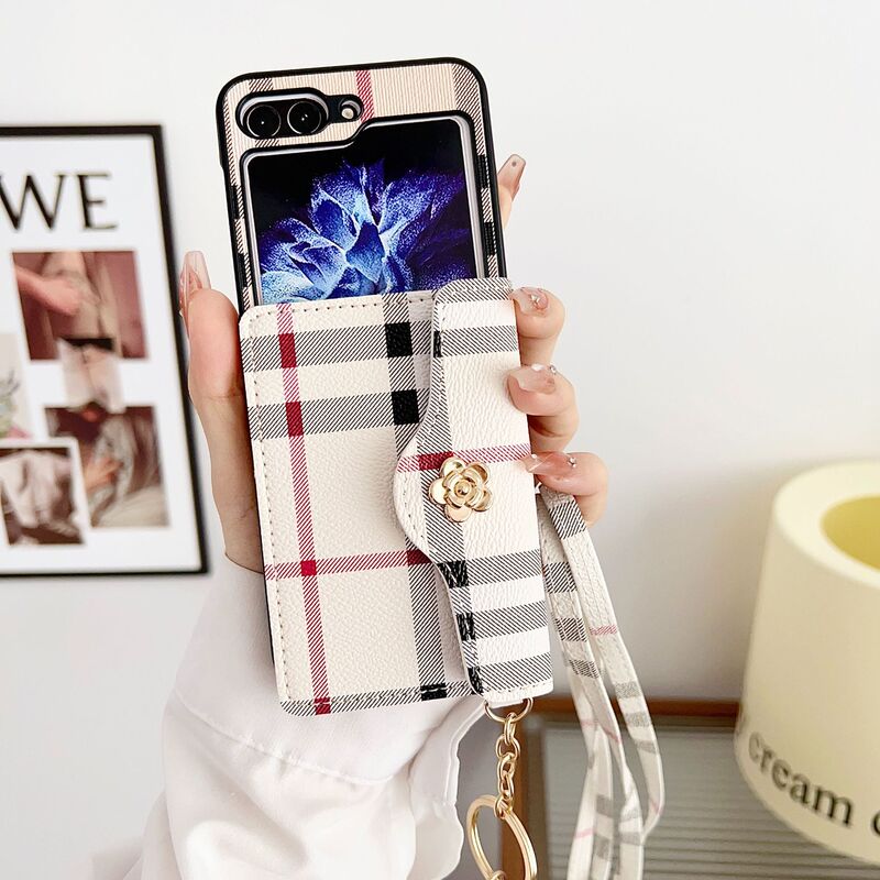 For Samsung ZFlip6 plaid diagonal rope card case zflip5/4 card wallet anti-drop protective case