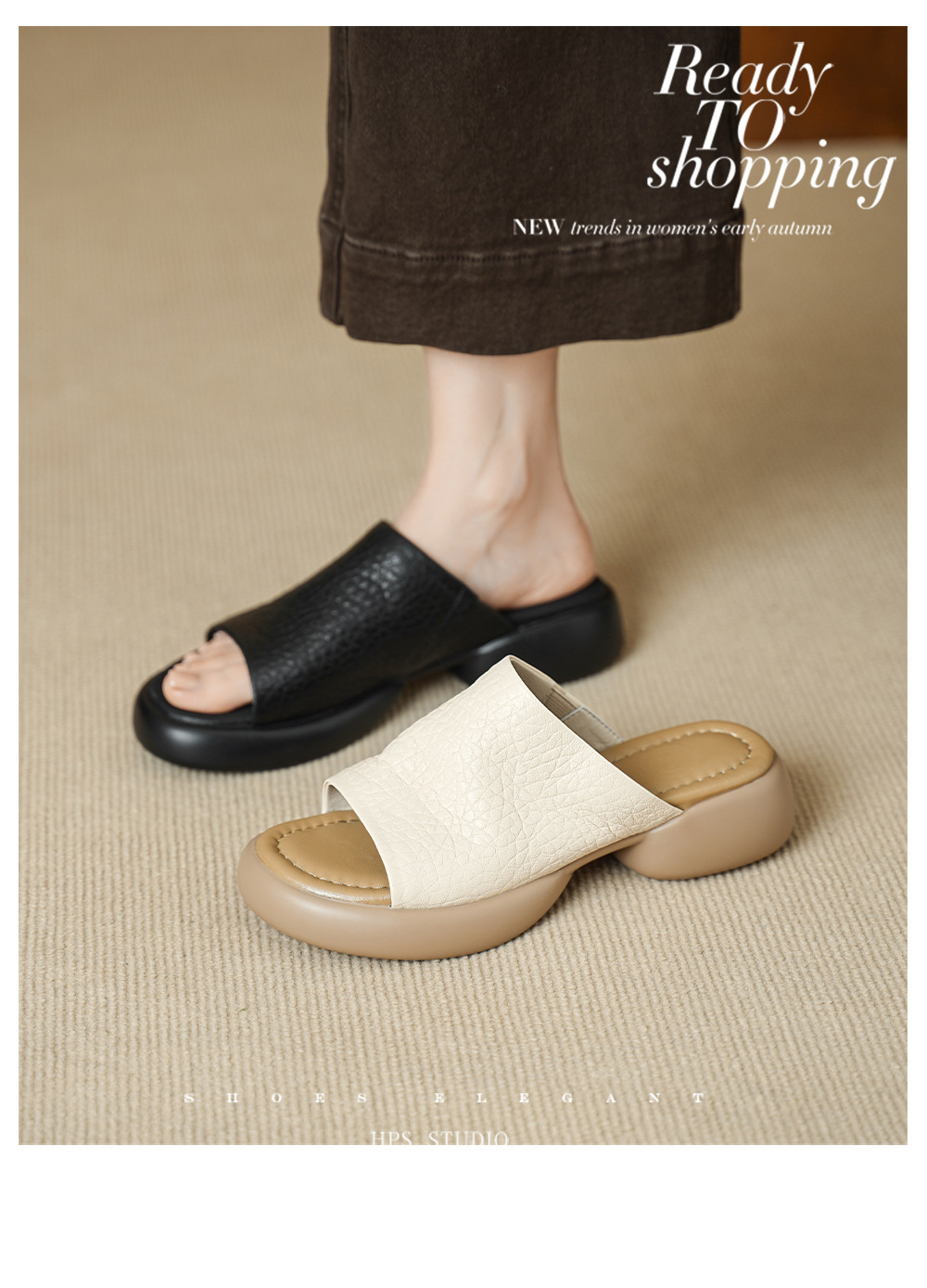 Dép sandal nữ quai chữ V đế dày da cừu khóa thắt lưng — đen chi tiết 2