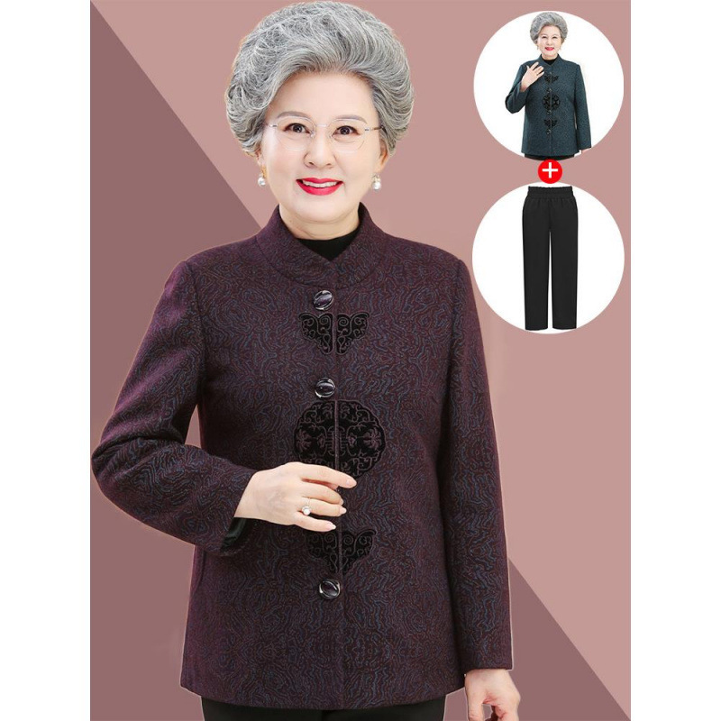 中老年人女装奶奶春秋唐装外套60妈妈秋冬加绒毛呢70岁80太太衣服