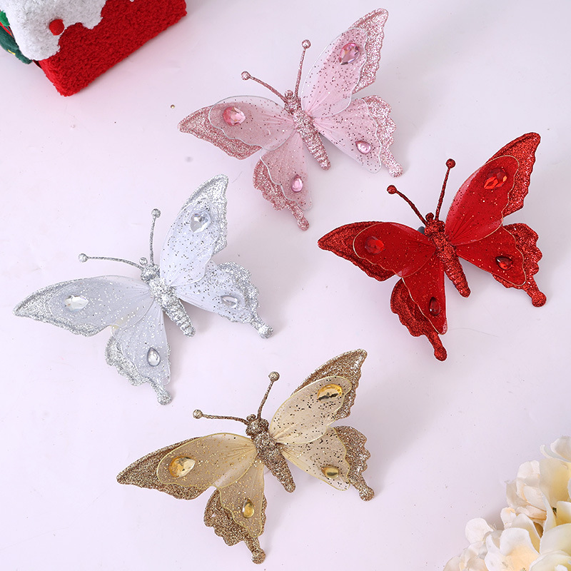 Butterfly pendant clip Christmas tree hanging decoration window atmosphere arrangement Christmas butterfly plastic crystal ball cross-border scene