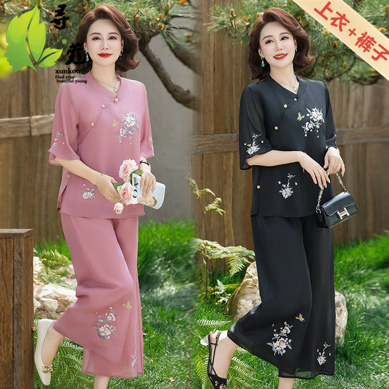 Летнее платье для мамы среднего возраста, 50-летняя женская одежда с вышивкой, одежда больших размеров, летний костюм для мамы, женский модный шифоновый комплект из двух предметов для женщин