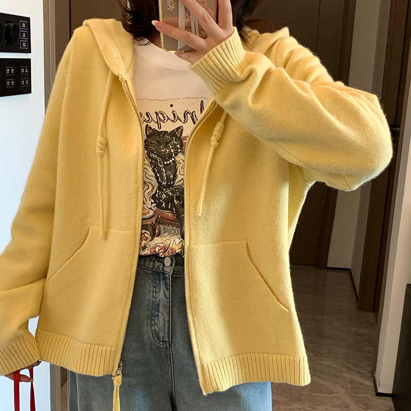 DD2026 Autumn New Plus Size Women's Knitted Cardigan with Hood, Drawstring, and Zipper Sweater F803