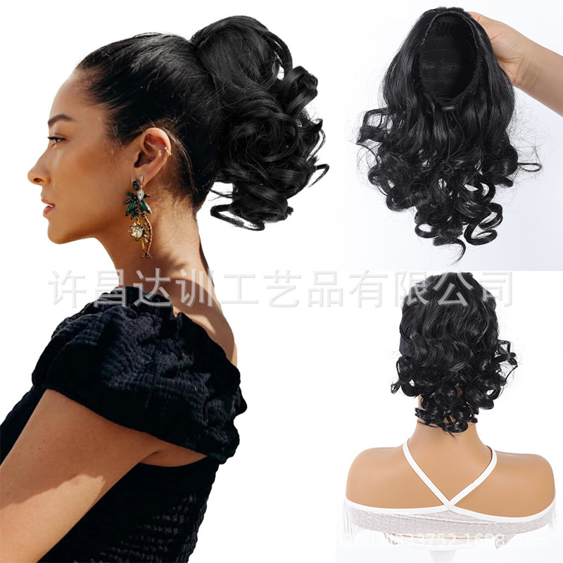 Wig with Ponytail Tie-On Style for Girls, Long Curly Hair with Large Waves, Realistic Hair Extensions with Voluminous Bangs