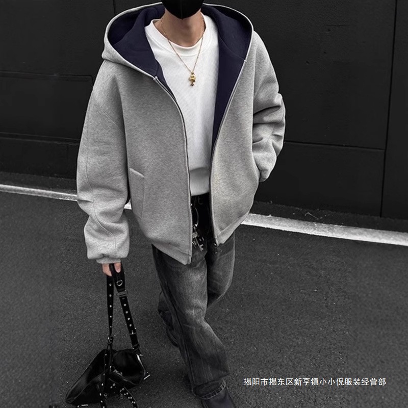 外贸重磅潮牌春秋季美式高级感外套美式高街连帽开衫卫衣男女同款