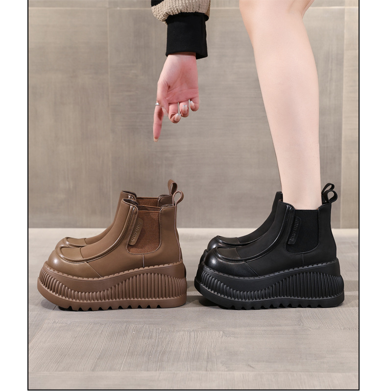 Boot Chelsea cổ thun đế dày tăng chiều cao nữ — Màu kaki lót nhung chi tiết 20