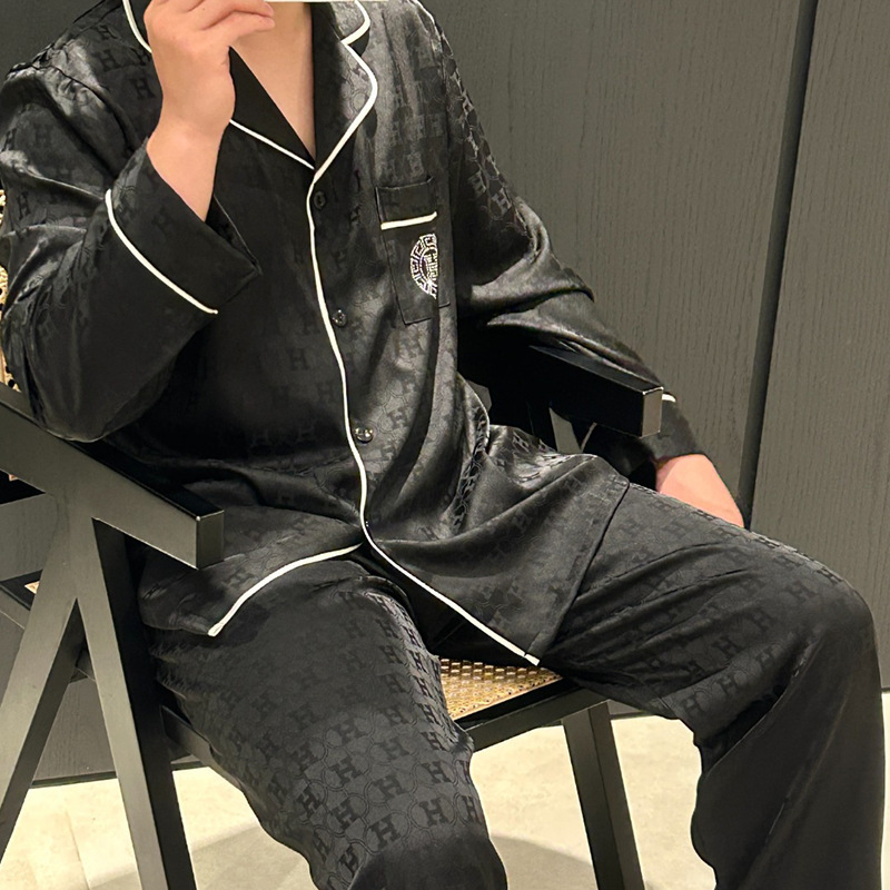【HH】新款秋冬冰丝睡衣情侣长袖翻领烫钻简约提花高级感家居服|undefined