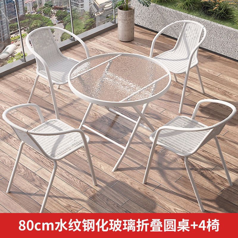 Mesa y silla de balcón de tres piezas, mesas de té casuales, combinación de vidrio blanco plegable, una mesa y dos sillas, mesas de té pequeñas