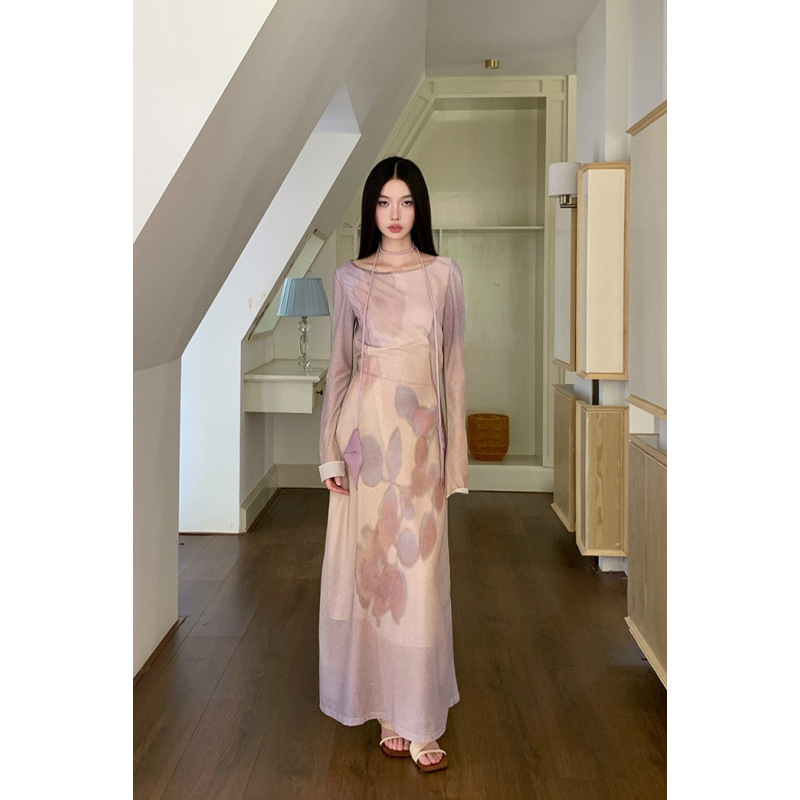 Lilac floral gradient mesh set|Gentle and relaxed Zen-inspired atmosphere dress, beach vacation long dress for autumn Lilac floral gradient mesh set|Gentle and relaxed Zen-inspired atmosphere dress, beach vacation long dress for autumn