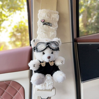 Car Interior Decoration Women — Seat belt shoulder pad - white-bear-black-suspender-pants-one-puff-plaid-shoulder-pad