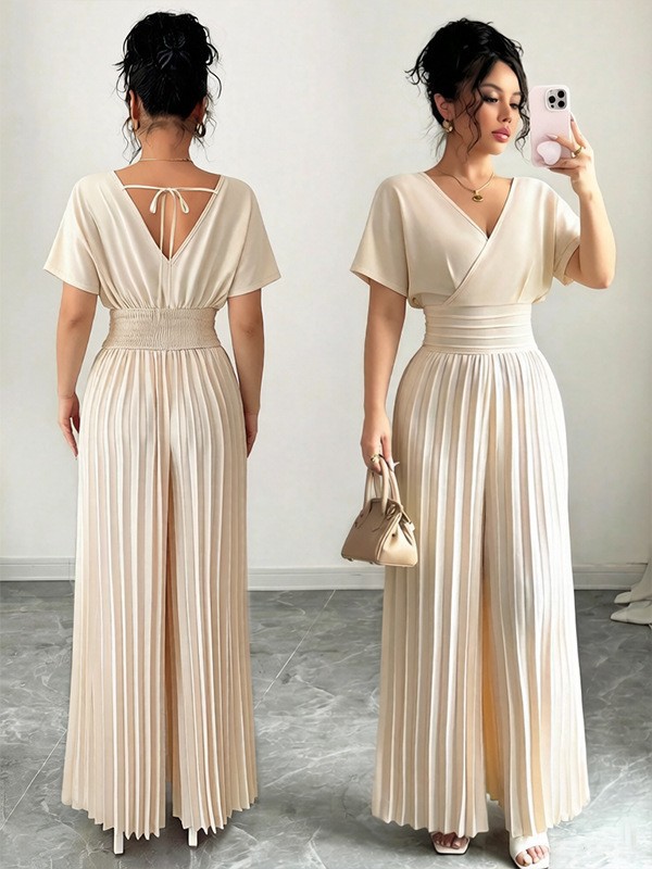 2026 nuevo estilo de viaje europeo y americano elegante color sólido cuello en V manga corta cintura doblada plantares pantalonés de pierna ropa de mujer