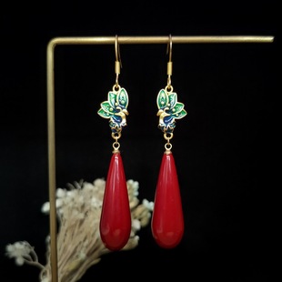 Gold leaf ancient Hetian jade earrings natural red cinnabar water drop tassel earrings ethnic style red festive earrings