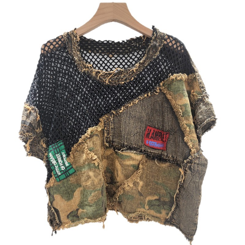 Moda fresca personalidad moda mujer 2025 verano nuevo estilo malla costura camiseta de manga corta suelta talla grande image 5