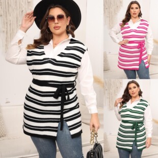 Women's Vest Cross-border European and American Plus Size Women's Stripesd Contrasting Color Stitching Casual Strappy Belt Vest Mid-length