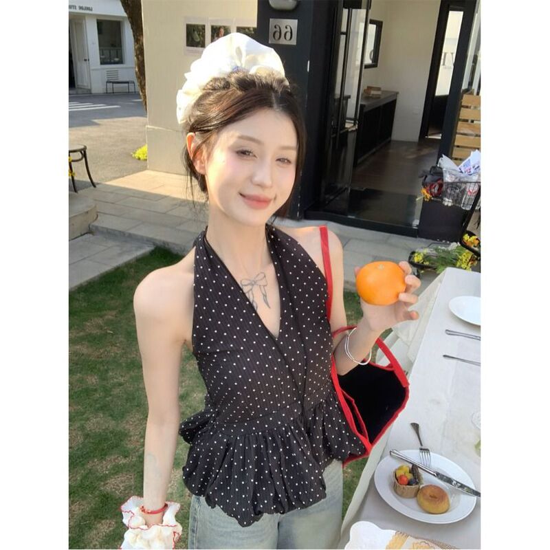 Ruffled Black Polka Dot Halterneck Camisole Women's Summer Slim Sleeveless Outer Wear Design Hot Girl Top