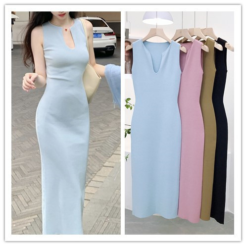 7297 Intellectual Elegance~14-Gauge Dense Deep U-Neck Slim Fit Dress with Side Slit and Straight Cut, Designed to Cover Side Breasts, Suitable as an Inner Dress or a Slip Dress
