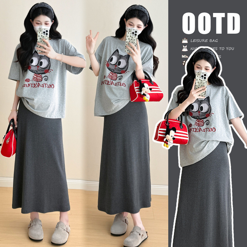 Maternity Wear 2025 New Summer Fashion Design Printed T-Shirt + Adjustable Maternity Skirt Two-Piece Set