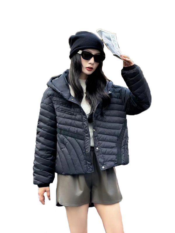 轻薄款连帽羽绒服女2025冬季新款时尚设计感绗线休闲白鸭绒面包服|undefined