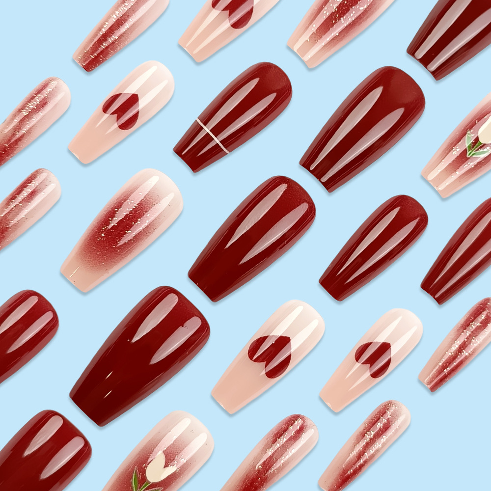 Arte de uñas con purpurina en forma de corazón de tulipán color rojo vino, puntas de uñas dulces con degradado rosa nude, pegatinas de uñas de 24 piezas.