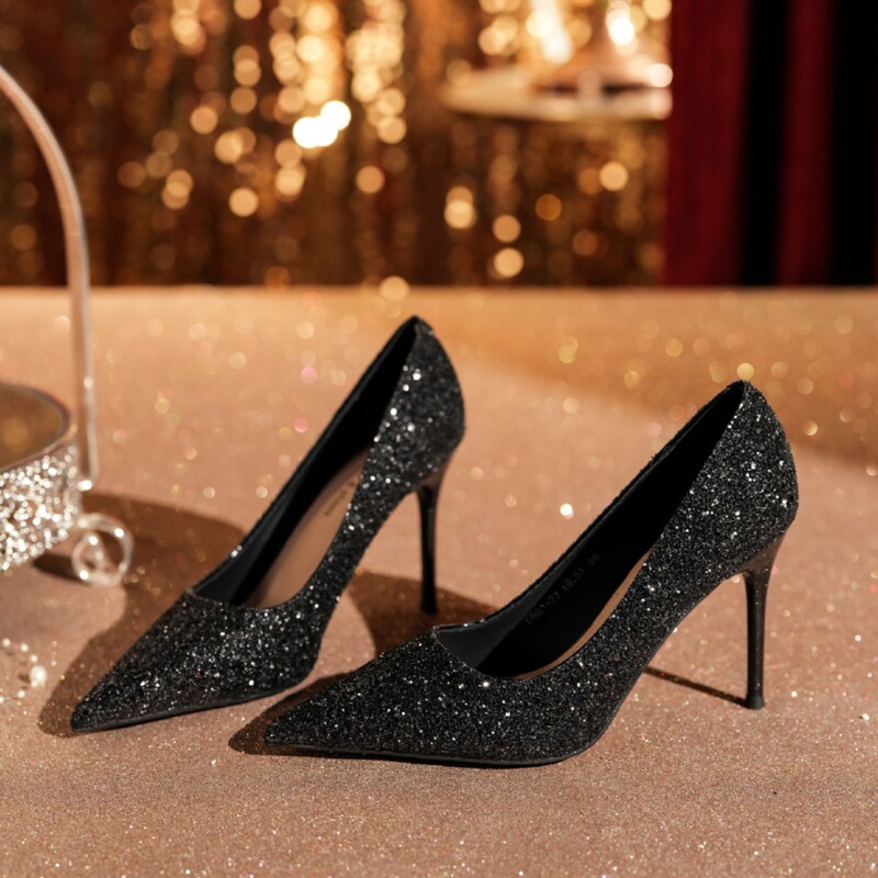 6681-23 Sequin Black High-heeled Shoes Glitt Banquet Dress Joker Temperament Thin-heeled Commuter with Advanced