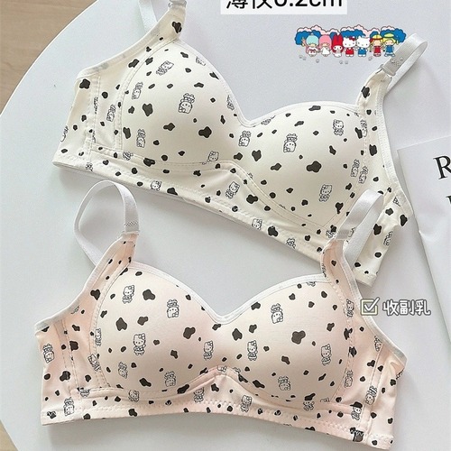 Girls' cute printed underwear women's rim-free breathable small breast push-up student bra new style