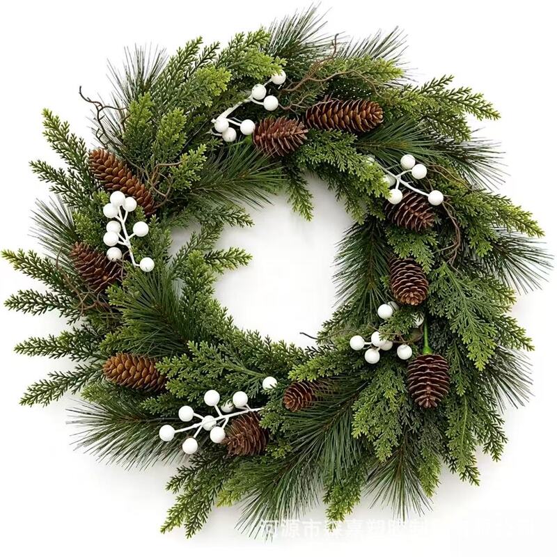 Cross-Border Christmas Pvc Wreath with Large and Small Pine Cones/White Berries + Lights, Christmas Artificial Front Door Wreath Cross-Border Christmas Pvc Wreath with Large and Small Pine Cones/White Berries + Lights, Christmas Artificial Front Door Wreath