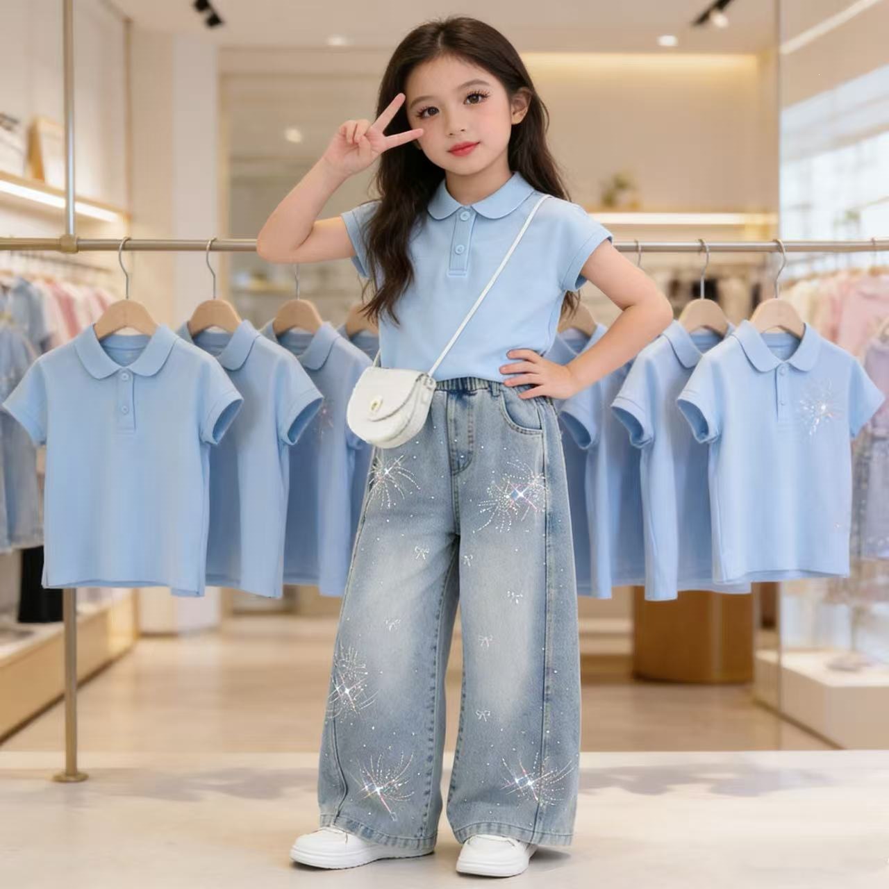 Girls' School Style Summer Set 2026 New Children's Short-Sleeve T-Shirt and Wide-Leg Pants Two-Piece Set