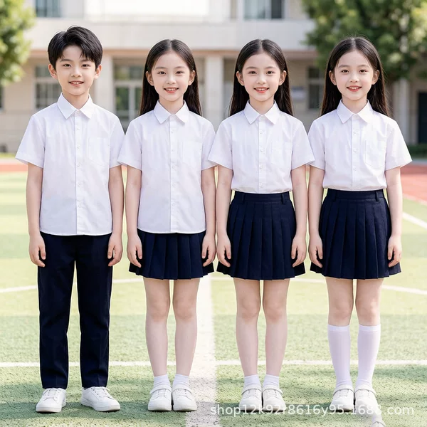 Children's White Shirts for Boys and Girls, Elementary School Uniforms, White Shirts, Long-Sleeved Kids' Performance Wear, Short-Sleeved Performance Shirts
