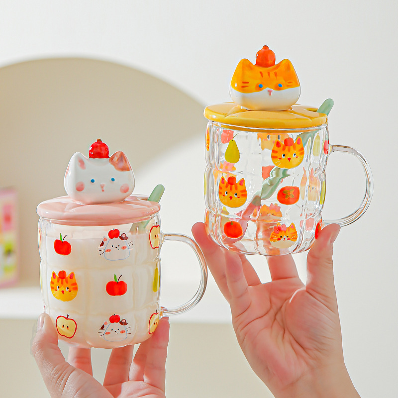 Gato estereoscópico pintado a mano alta resistencia al calor de vidrio de silicio de alta calidad de oficina con cubierta de cuchara de agua taza de dibujos animados taza de marca
