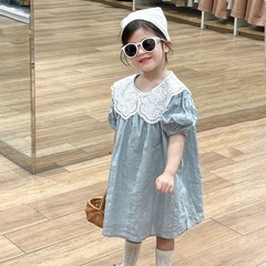 韓版童裝女童夏季洋氣法式復古顯白花邊翻領棉麻短袖公主連衣裙潮