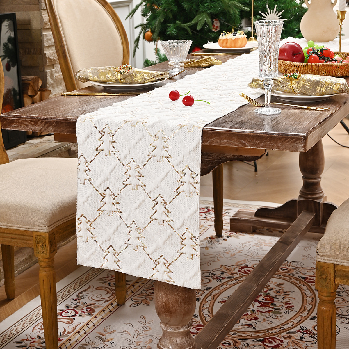 Transfronterizos nueva bandera de mesa de Navidad de pino dorado común Europa y América bandera de mesa de Navidad tela de mesa decoración TEMU