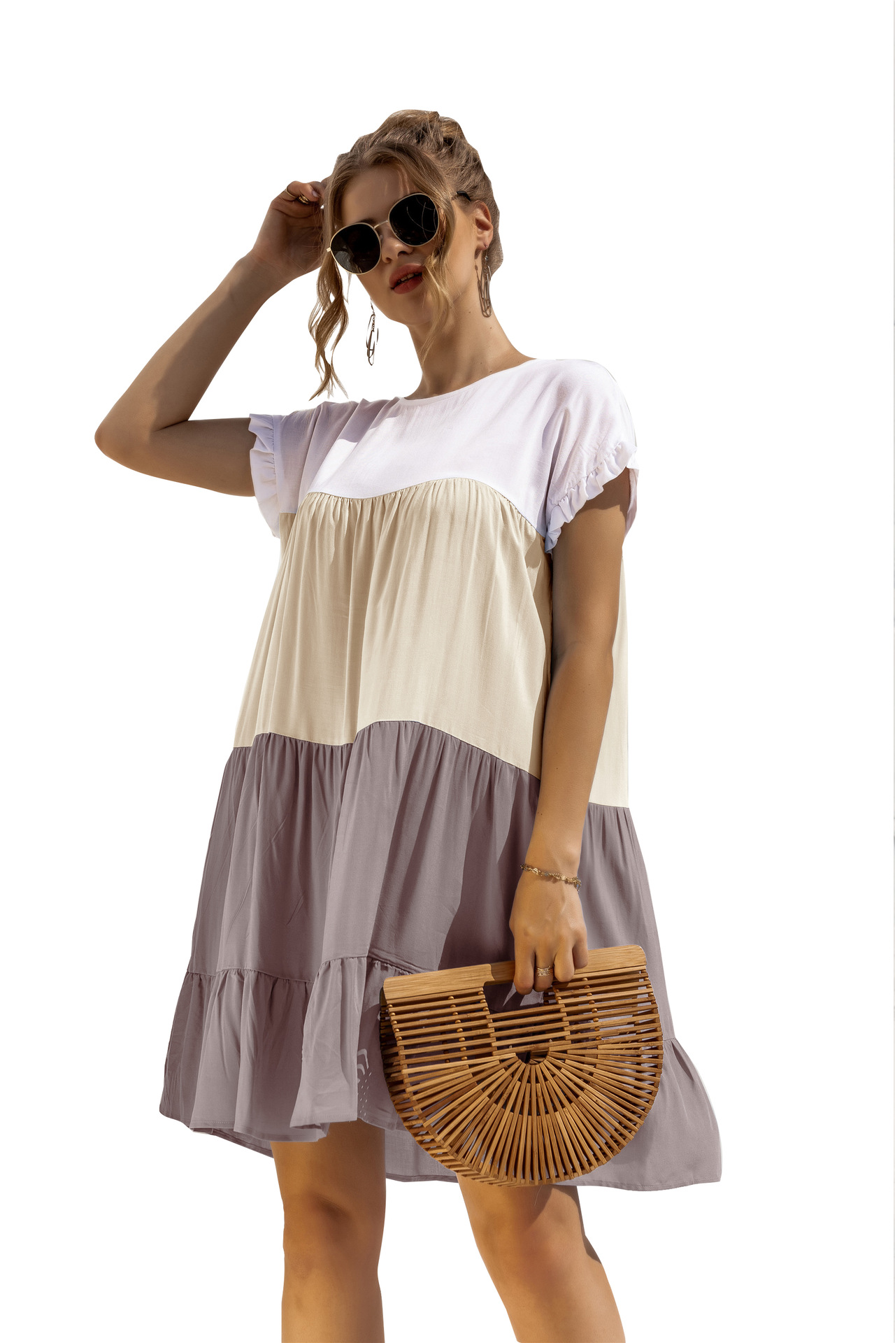 Women's Tiered Skirt Fashion Round Neck Patchwork Short Sleeve Color Block Above Knee Daily display picture 108