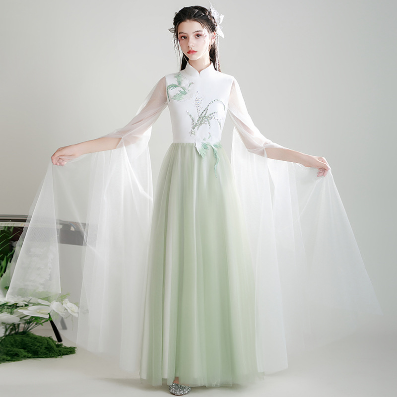 长袖古筝服2025新款秋冬中国风复古连衣裙舞蹈演出烟青色儿童汉服