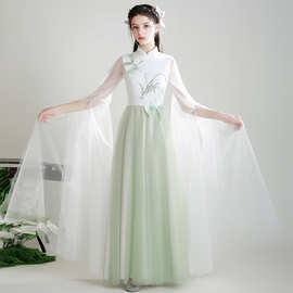 长袖古筝服2026新款秋冬中国风复古连衣裙舞蹈演出烟青色儿童汉服