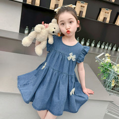 女童夏季連衣裙牛仔裙子2024新款洋氣時髦飛袖公主裙兒童薄款夏天