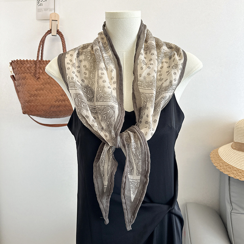 Xale feminino em seda de caju com estampa de losangos, estilo retrô coreano artístico, versátil e elegante para primavera e outono._voghion.com