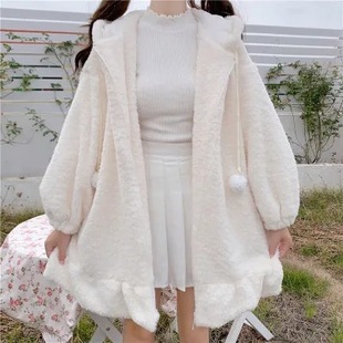 Winter soft girl cute fur ball rabbit ears hooded lotus leaf Border lamb wool thickened cotton-padded coat for students Female