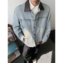 美式复古PU皮拼接牛仔外套男士春秋新款潮牌宽松休闲翻领工装夹克