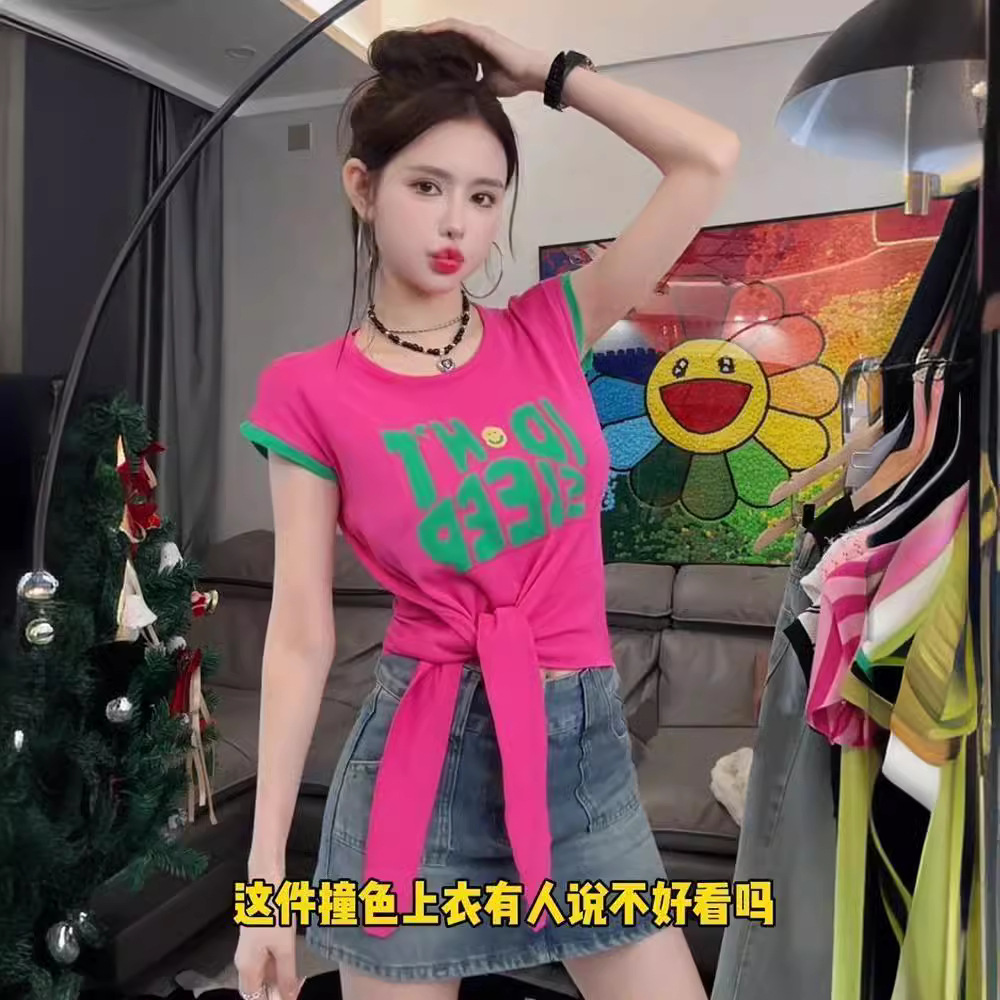 2024 verano cuello redondo color contraste dobladillo anudado camiseta de manga corta mujer nuevo estilo suelto y delgado moda talla grande top mujer