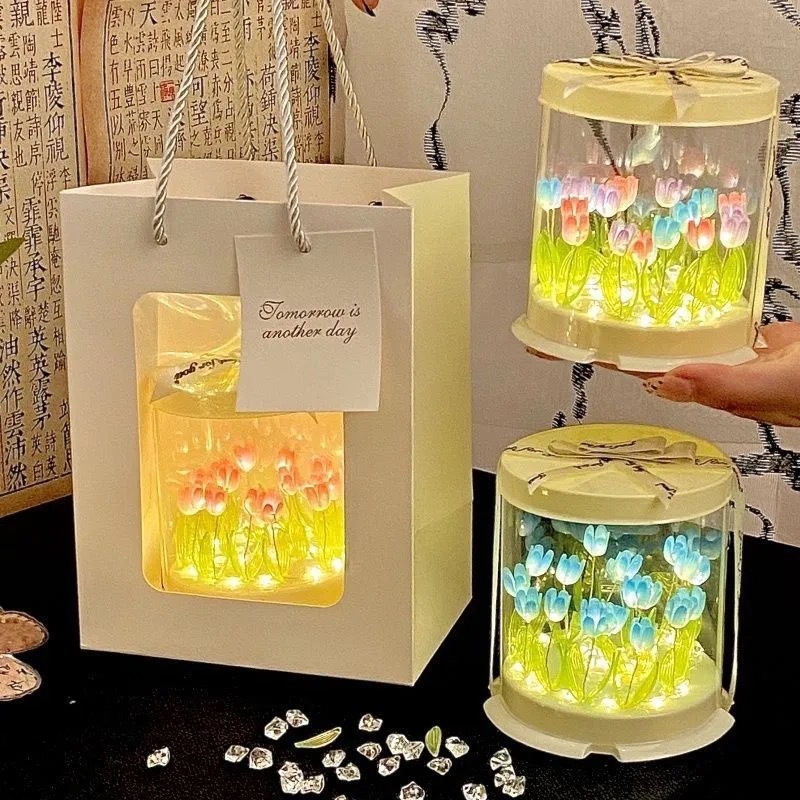 Tulip Flower Sea Night Light Estilo creativo explosivo Paquete de material de bricolaje hecho a mano Caja de pastel Luz de ambiente romántico de alto valor