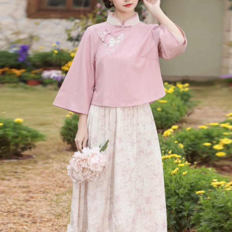 2025 лето новый улучшенный скатый пуговичный топ ретро национальный стиль сладкий темперамент повседневная юбка из двух частей