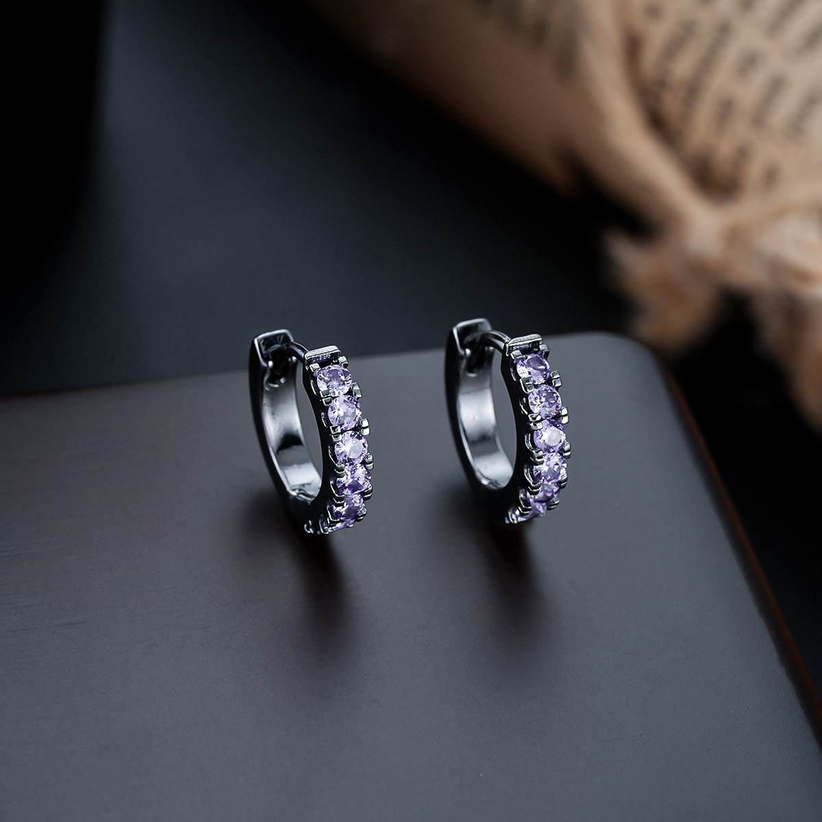 X1074-J (Purple Diamond Earrings) Gun Black Pair