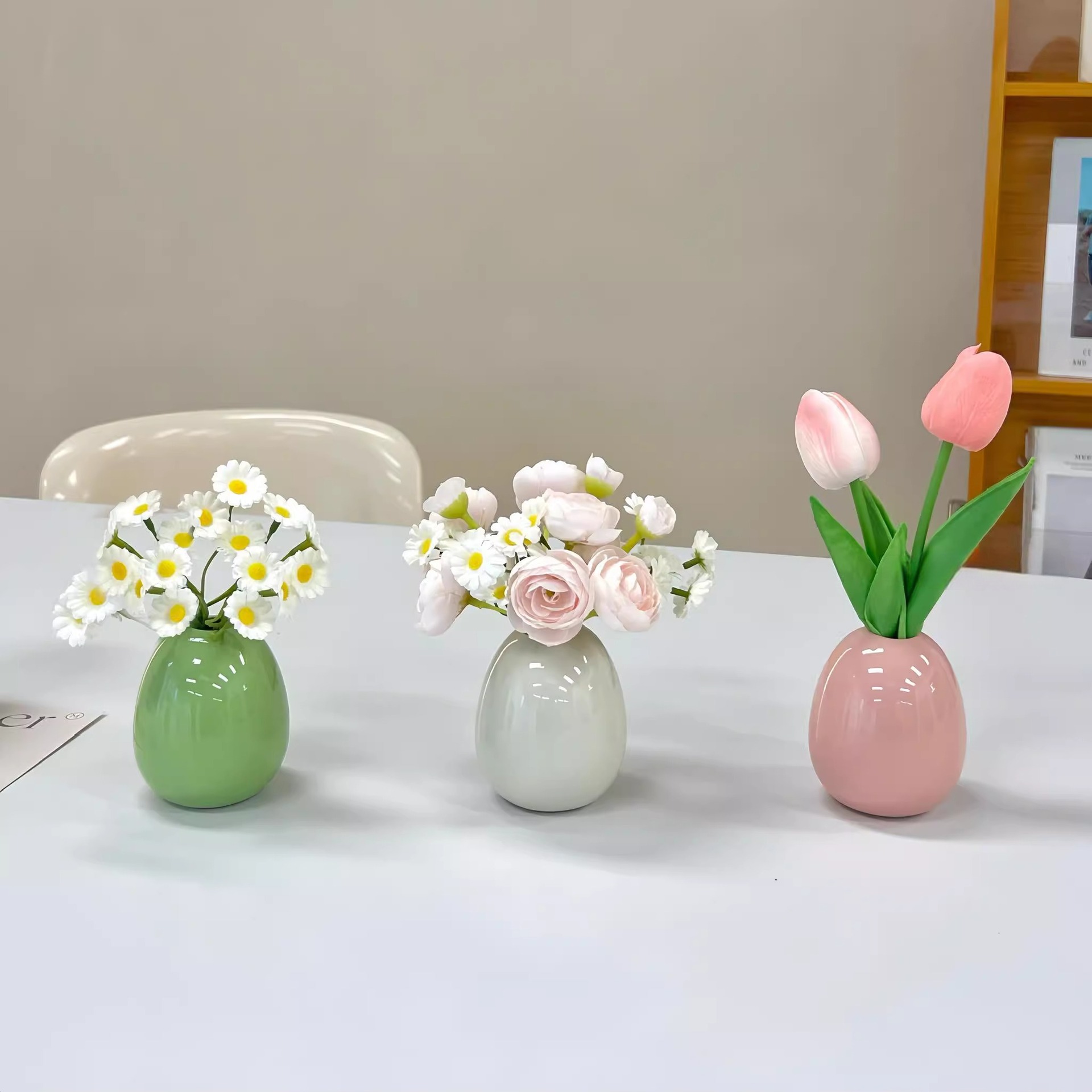Ins Cream Style Desktop Ceramic Small Vase Room Renovation Small Objects Warm Artificial Flower Ornaments Office Decoration