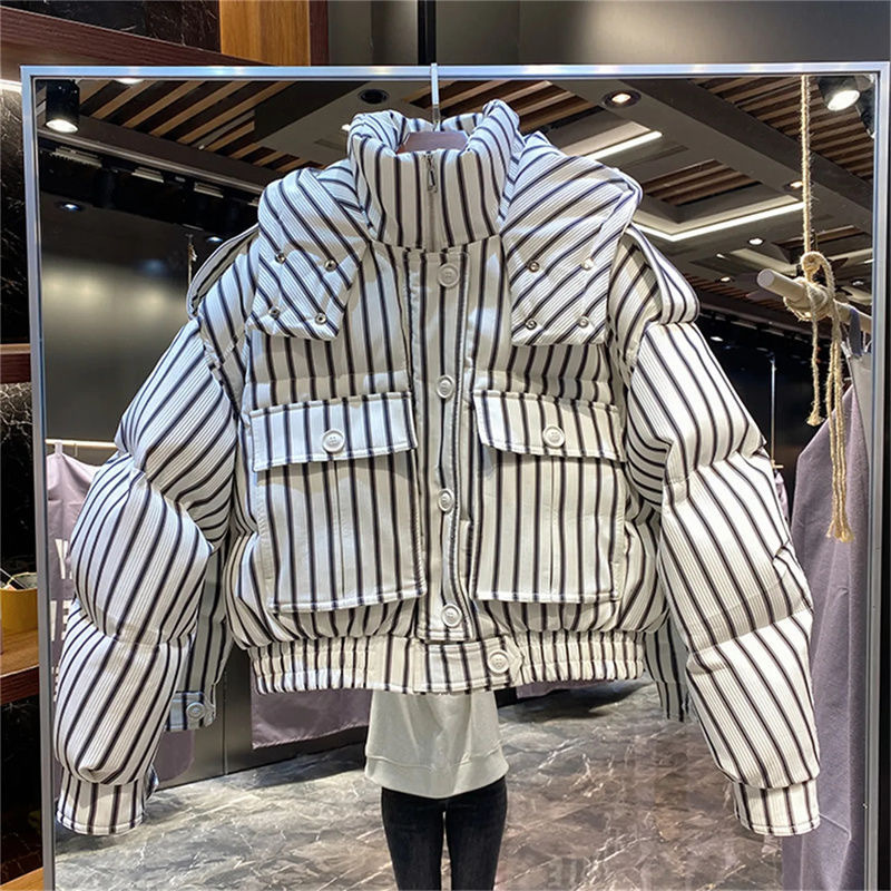 Kids' Clothing Korean version loose warm fashion striped zipper hooded puffer jacket_voghion.com