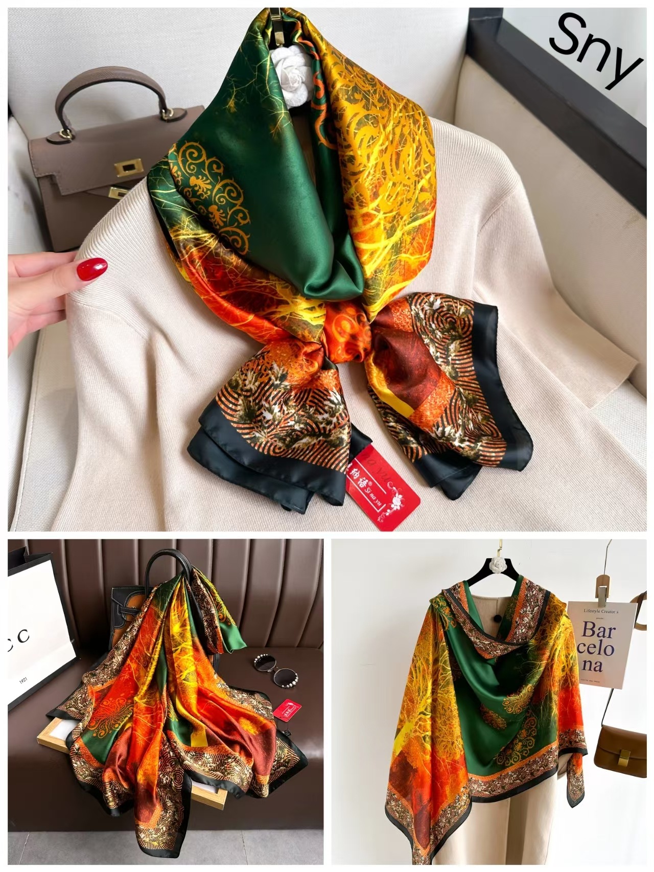 Verano nuevo estilo bufanda de seda de alta gama damas todo fósforo seda de morera bufanda de moda gran marca imitación seda protector solar chal exterior