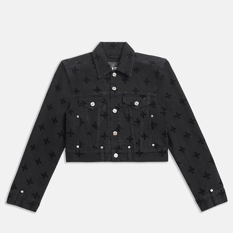 Autumn Smfk Midnight Garden Biker Denim Short Jacket Wide Shoulder Retro Flocking Women's Coat Denim Shorts Chanel Style