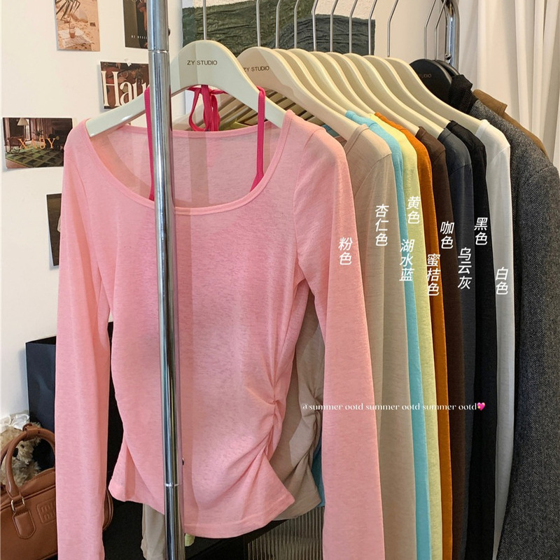 Dopamine Hot Girls Thin Sunscreen T-shirt Women's Summer Pure Desire Pleated Design Sense Niche Slim Fit Blouse Top