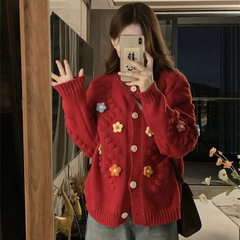 秋と冬のデザイン、新鮮でカラフルな立体花ニットカーディガン、ガーリースタイルのセーター、年齢を軽減する女性用の多用途ジャケット