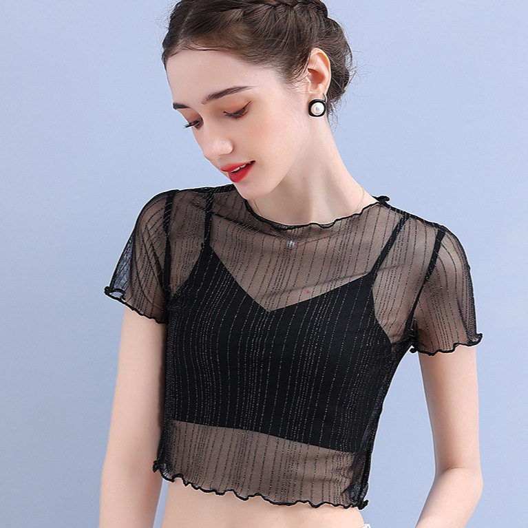Short Mesh Base Shirt Women's Summer Black Short-sleeved T-shirt Slip Skirt Inner Tulle Transparent Tight Lace Top